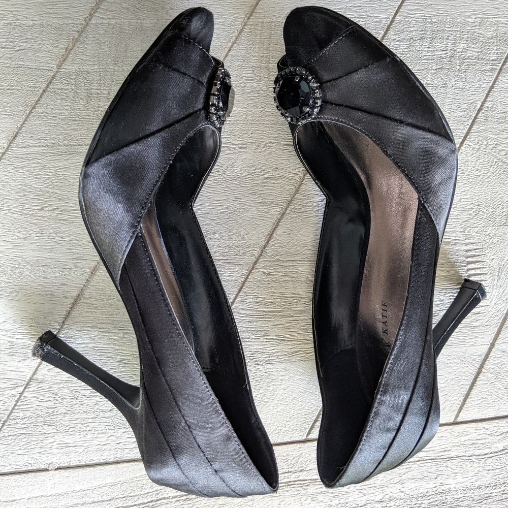 Black Satin Jeweled Peeptoe Pumps (SIZE 8)